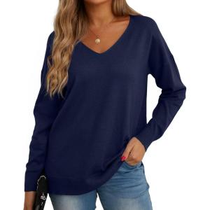 imageGRECERELLE Womens VNeck Long Sleeve Side Split Loose Casual Knit Pullover Sweater Blouse05 Navy Blue