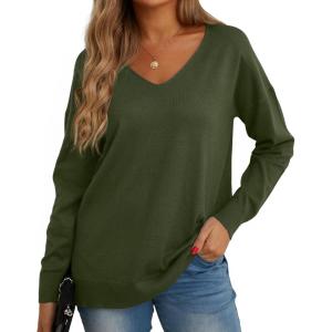 imageGRECERELLE Womens VNeck Long Sleeve Side Split Loose Casual Knit Pullover Sweater Blouse06 Army Green