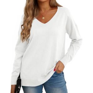 imageGRECERELLE Womens VNeck Long Sleeve Side Split Loose Casual Knit Pullover Sweater Blouse07 White