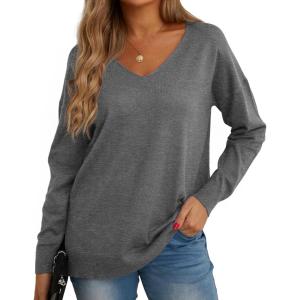 imageGRECERELLE Womens VNeck Long Sleeve Side Split Loose Casual Knit Pullover Sweater Blouse08 Dark Gray
