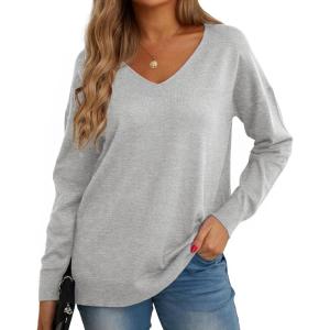 imageGRECERELLE Womens VNeck Long Sleeve Side Split Loose Casual Knit Pullover Sweater Blouse09 Gray