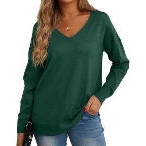 imageGRECERELLE Womens VNeck Long Sleeve Side Split Loose Casual Knit Pullover Sweater Blouse12 Dark Green