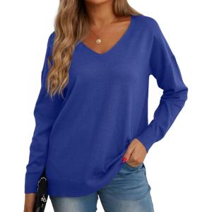 imageGRECERELLE Womens VNeck Long Sleeve Side Split Loose Casual Knit Pullover Sweater Blouse13 Royal Blue