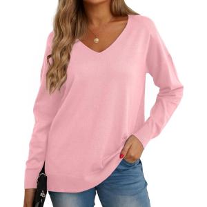 imageGRECERELLE Womens VNeck Long Sleeve Side Split Loose Casual Knit Pullover Sweater Blouse14 Pink