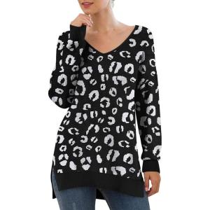 imageGRECERELLE Womens VNeck Long Sleeve Side Split Loose Casual Knit Pullover Sweater Blouse17 Fp Leopard Black