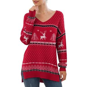 imageGRECERELLE Womens VNeck Long Sleeve Side Split Loose Casual Knit Pullover Sweater Blouse21 Fp Elk Red