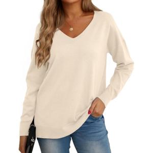 imageGRECERELLE Womens VNeck Long Sleeve Side Split Loose Casual Knit Pullover Sweater BlouseApricot