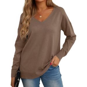 imageGRECERELLE Womens VNeck Long Sleeve Side Split Loose Casual Knit Pullover Sweater BlouseChocolate Brown