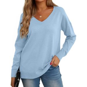 imageGRECERELLE Womens VNeck Long Sleeve Side Split Loose Casual Knit Pullover Sweater BlouseLight Blue