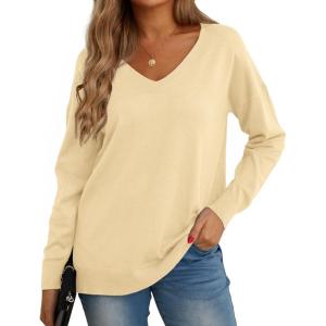 imageGRECERELLE Womens VNeck Long Sleeve Side Split Loose Casual Knit Pullover Sweater BlouseLight Yellow