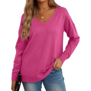 imageGRECERELLE Womens VNeck Long Sleeve Side Split Loose Casual Knit Pullover Sweater BlousePeach Red