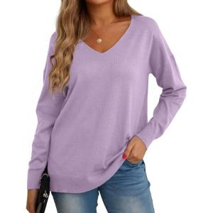 imageGRECERELLE Womens VNeck Long Sleeve Side Split Loose Casual Knit Pullover Sweater BlousePurple Gray
