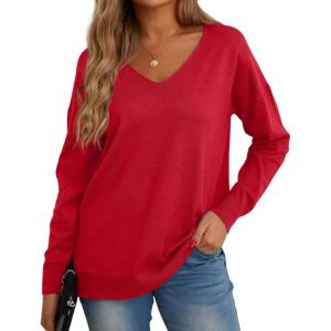 imageGRECERELLE Womens VNeck Long Sleeve Side Split Loose Casual Knit Pullover Sweater BlouseRed