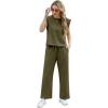 imageGRECERELLE 2025 Two Piece Sets for Women Summer Round Neck Cap Sleeve Top and Wide Leg Pants with PocketsArmy Green