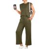 imageGRECERELLE 2025 Two Piece Sets for Women Summer Round Neck Cap Sleeve Top and Wide Leg Pants with PocketsArmy Green