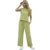imageGRECERELLE 2025 Two Piece Sets for Women Summer Round Neck Cap Sleeve Top and Wide Leg Pants with PocketsAvocado Green