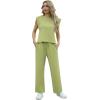 imageGRECERELLE 2025 Two Piece Sets for Women Summer Round Neck Cap Sleeve Top and Wide Leg Pants with PocketsAvocado Green