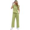 imageGRECERELLE 2025 Two Piece Sets for Women Summer Round Neck Cap Sleeve Top and Wide Leg Pants with PocketsAvocado Green