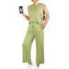 imageGRECERELLE 2025 Two Piece Sets for Women Summer Round Neck Cap Sleeve Top and Wide Leg Pants with PocketsAvocado Green