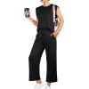 imageGRECERELLE 2025 Two Piece Sets for Women Summer Round Neck Cap Sleeve Top and Wide Leg Pants with PocketsBlack