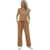 imageGRECERELLE 2025 Two Piece Sets for Women Summer Round Neck Cap Sleeve Top and Wide Leg Pants with PocketsCamel