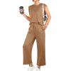 imageGRECERELLE 2025 Two Piece Sets for Women Summer Round Neck Cap Sleeve Top and Wide Leg Pants with PocketsCamel