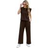 imageGRECERELLE 2025 Two Piece Sets for Women Summer Round Neck Cap Sleeve Top and Wide Leg Pants with PocketsDark Coffee