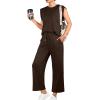 imageGRECERELLE 2025 Two Piece Sets for Women Summer Round Neck Cap Sleeve Top and Wide Leg Pants with PocketsDark Coffee