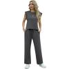 imageGRECERELLE 2025 Two Piece Sets for Women Summer Round Neck Cap Sleeve Top and Wide Leg Pants with PocketsDark Gray