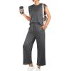 imageGRECERELLE 2025 Two Piece Sets for Women Summer Round Neck Cap Sleeve Top and Wide Leg Pants with PocketsDark Gray
