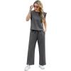 imageGRECERELLE 2025 Two Piece Sets for Women Summer Round Neck Cap Sleeve Top and Wide Leg Pants with PocketsDark Gray