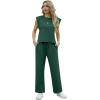 imageGRECERELLE 2025 Two Piece Sets for Women Summer Round Neck Cap Sleeve Top and Wide Leg Pants with PocketsDark Green