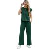 imageGRECERELLE 2025 Two Piece Sets for Women Summer Round Neck Cap Sleeve Top and Wide Leg Pants with PocketsDark Green
