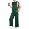 imageGRECERELLE 2025 Two Piece Sets for Women Summer Round Neck Cap Sleeve Top and Wide Leg Pants with PocketsDark Green