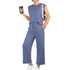 imageGRECERELLE 2025 Two Piece Sets for Women Summer Round Neck Cap Sleeve Top and Wide Leg Pants with PocketsDenim Blue