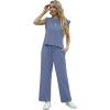 imageGRECERELLE 2025 Two Piece Sets for Women Summer Round Neck Cap Sleeve Top and Wide Leg Pants with PocketsDenim Blue