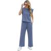 imageGRECERELLE 2025 Two Piece Sets for Women Summer Round Neck Cap Sleeve Top and Wide Leg Pants with PocketsDenim Blue