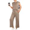 imageGRECERELLE 2025 Two Piece Sets for Women Summer Round Neck Cap Sleeve Top and Wide Leg Pants with PocketsKhaki