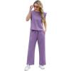 imageGRECERELLE 2025 Two Piece Sets for Women Summer Round Neck Cap Sleeve Top and Wide Leg Pants with PocketsLilac