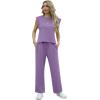 imageGRECERELLE 2025 Two Piece Sets for Women Summer Round Neck Cap Sleeve Top and Wide Leg Pants with PocketsLilac