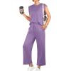 imageGRECERELLE 2025 Two Piece Sets for Women Summer Round Neck Cap Sleeve Top and Wide Leg Pants with PocketsLilac