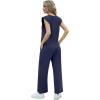 imageGRECERELLE 2025 Two Piece Sets for Women Summer Round Neck Cap Sleeve Top and Wide Leg Pants with PocketsNavy Blue