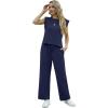 imageGRECERELLE 2025 Two Piece Sets for Women Summer Round Neck Cap Sleeve Top and Wide Leg Pants with PocketsNavy Blue