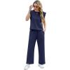 imageGRECERELLE 2025 Two Piece Sets for Women Summer Round Neck Cap Sleeve Top and Wide Leg Pants with PocketsNavy Blue