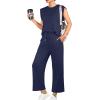 imageGRECERELLE 2025 Two Piece Sets for Women Summer Round Neck Cap Sleeve Top and Wide Leg Pants with PocketsNavy Blue