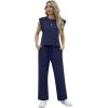 imageGRECERELLE 2025 Two Piece Sets for Women Summer Round Neck Cap Sleeve Top and Wide Leg Pants with PocketsNavy Blue