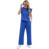 imageGRECERELLE 2025 Two Piece Sets for Women Summer Round Neck Cap Sleeve Top and Wide Leg Pants with PocketsRoyal Blue