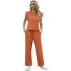 imageGRECERELLE 2025 Two Piece Sets for Women Summer Round Neck Cap Sleeve Top and Wide Leg Pants with PocketsTan