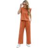 imageGRECERELLE 2025 Two Piece Sets for Women Summer Round Neck Cap Sleeve Top and Wide Leg Pants with PocketsTan