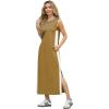 imageGRECERELLE 2025 Women Summer Color Blocking Round Neck Sleeveless Casual WrinkleFree Side Split Maxi Dress with PocketsGinger White